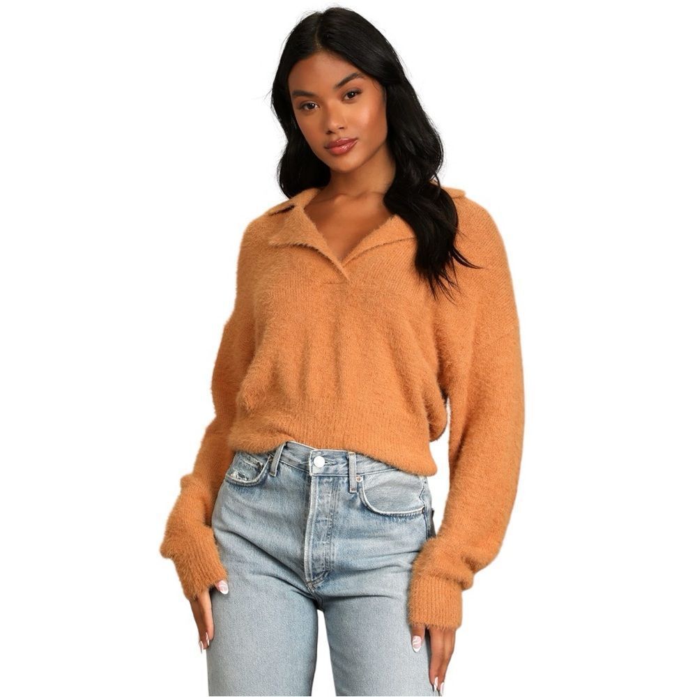 Lulus Cropped Camel Eyelash Knit Collared‎ Pullover Sweater Womens Size Small
